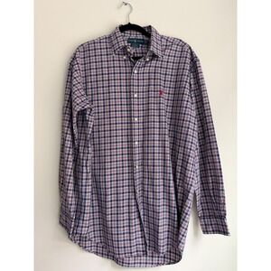 Ralph Lauren Blake Mens Medium Plaid Button Down Shirt Navy Red Cotton LS